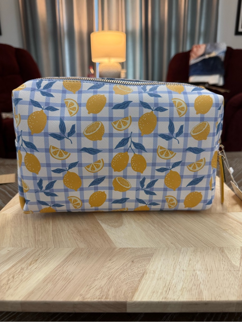 Blush and Crush Lemon Gingham Cosmetic Bag - Yellow & Blue